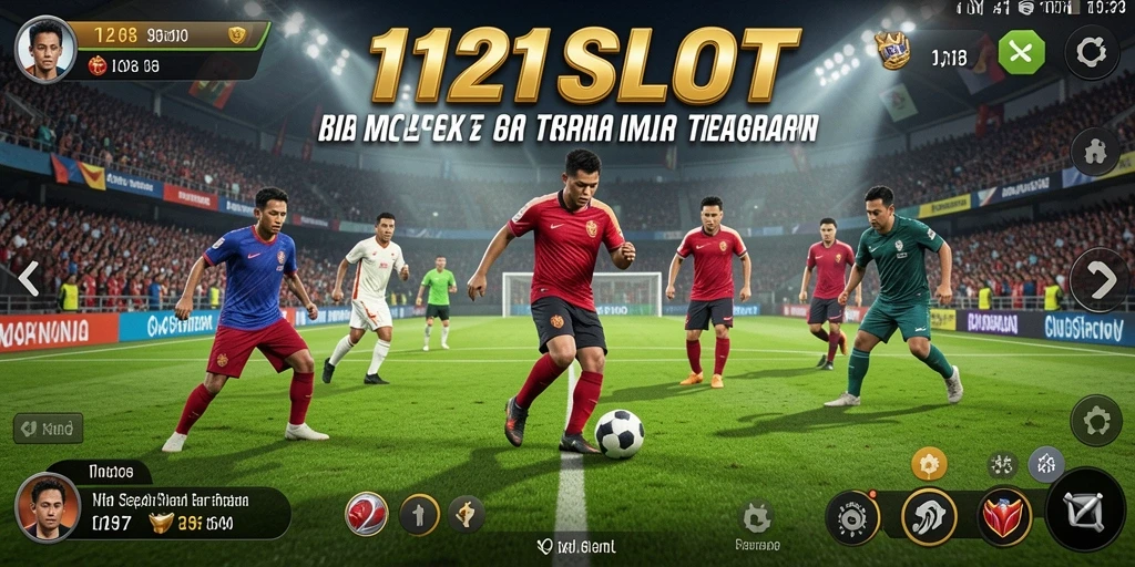 Screenshot utama 1121SLOT menampilkan aksi pertandingan sepak bola yang seru.