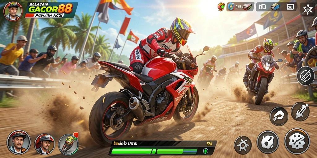 Screenshot GACOR88 menunjukkan balapan motor yang mendebarkan di lintasan.