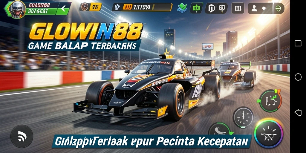 Tampilkan aksi balap intens dalam GLOWIN88 dengan mobil yang melaju kencang.