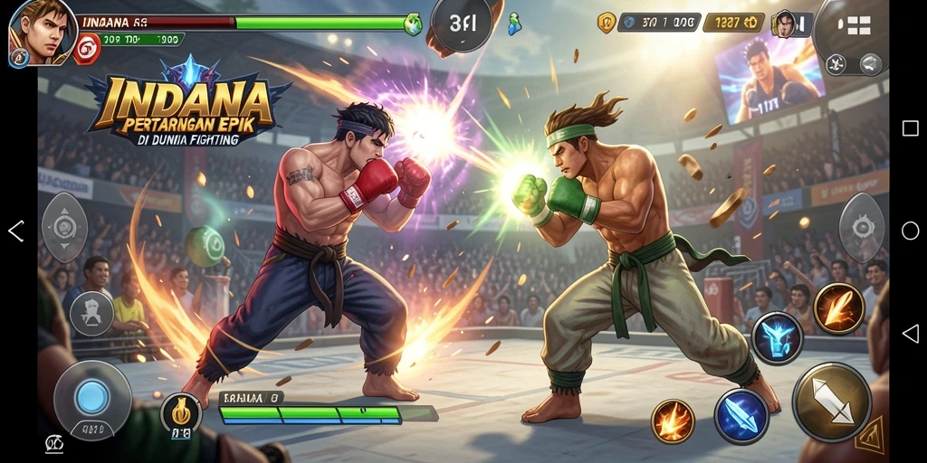 Screenshot gameplay INDAAA menampilkan pertarungan intens dan gerakan karakter yang spektakuler.