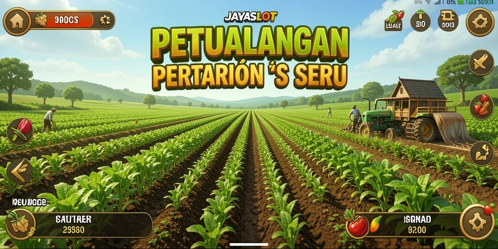 Tampilan gameplay JAYASLOT dengan ladang hijau subur dan aktivitas bertani.
