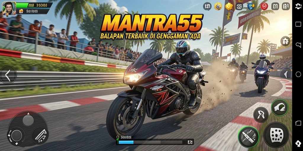 Screenshot utama MANTRA55 menampilkan balapan motor yang mendebarkan.