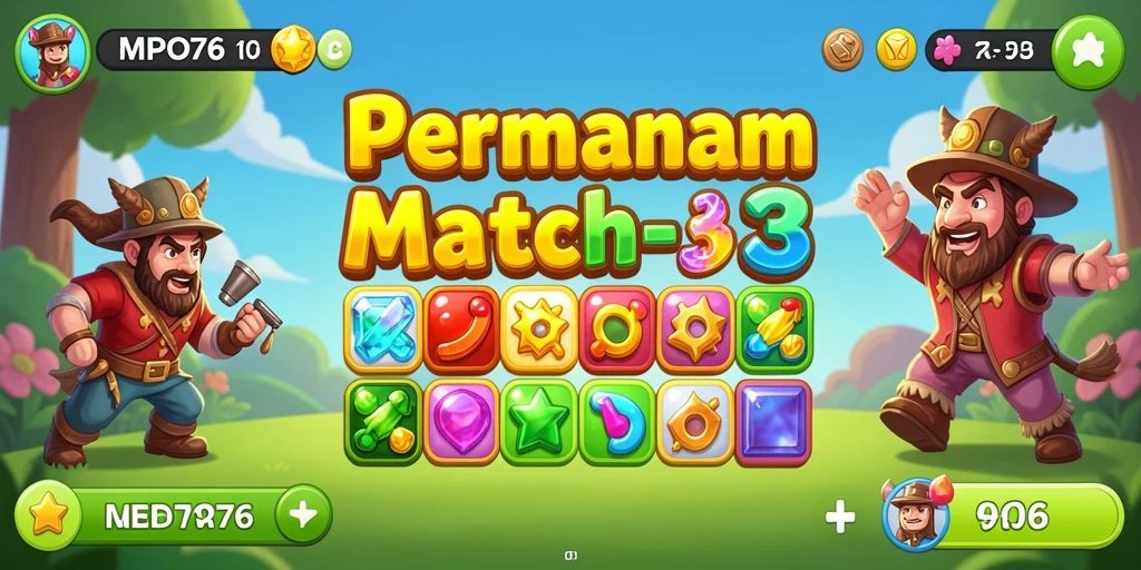 Tampilan gameplay MPO76 dengan elemen Match-3 yang cerah dan menantang.