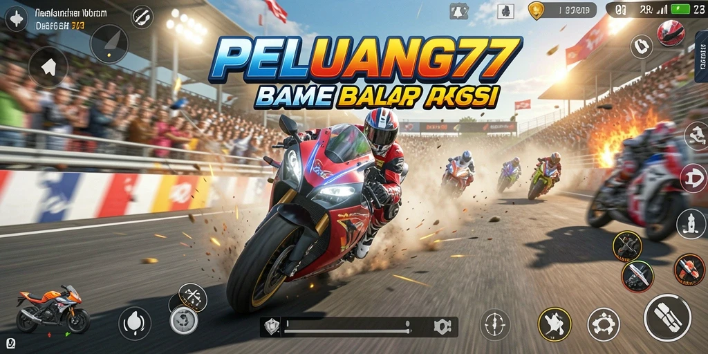 Gameplay mendebarkan dari PELUANG77 menampilkan balapan motor yang intens.
