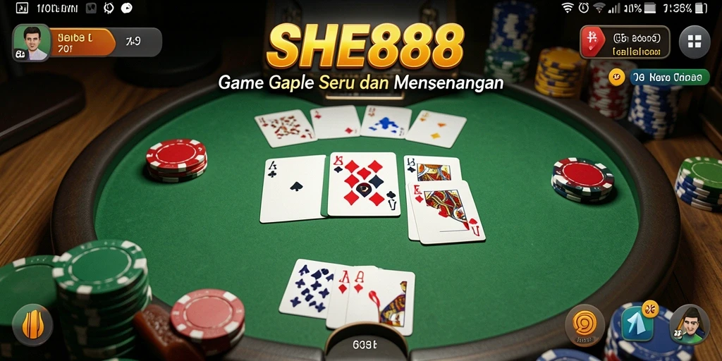 Tampilan gameplay SHE888 yang menarik dengan permainan Gaple yang seru.